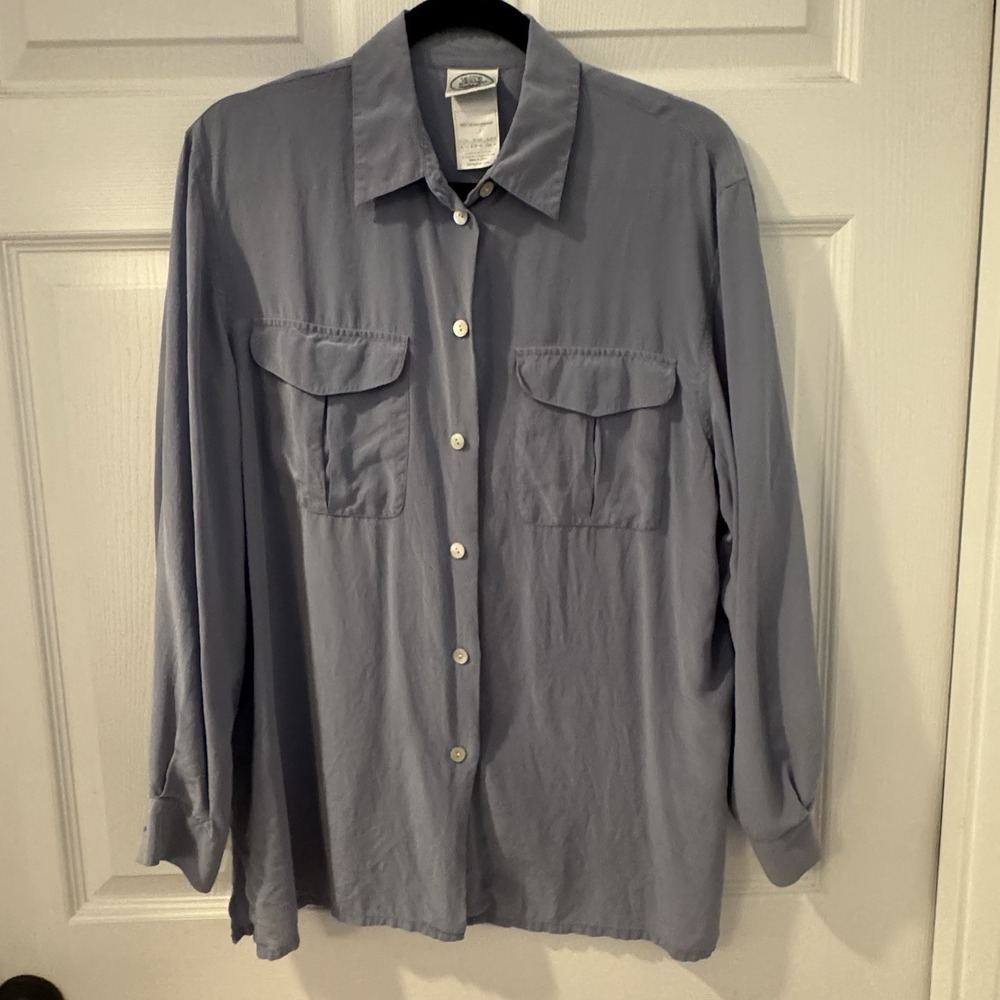 Laura Ashley Women's Blue Sz 10 Vtg 100% Silk Button Up Blouse Long Sleeve FLAW